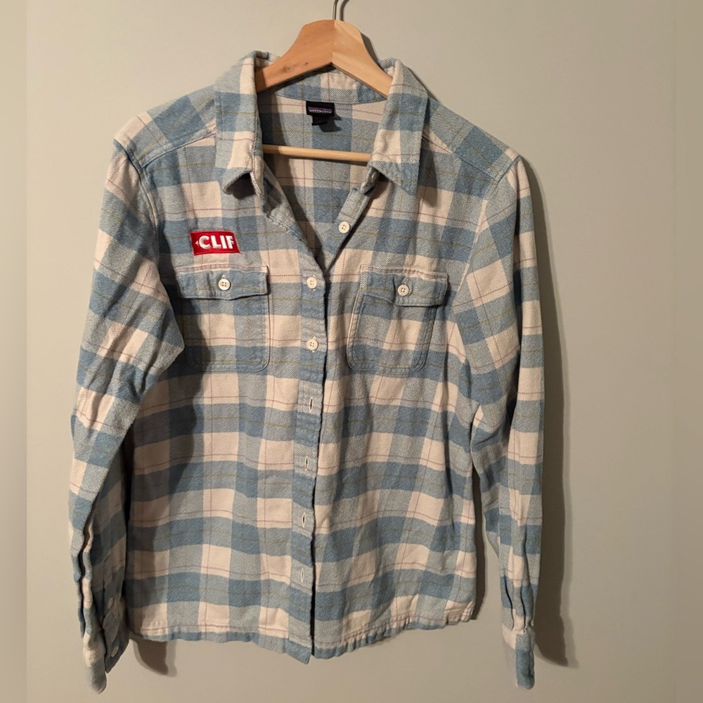 Patagonia blue and white checkered flannel shirt
